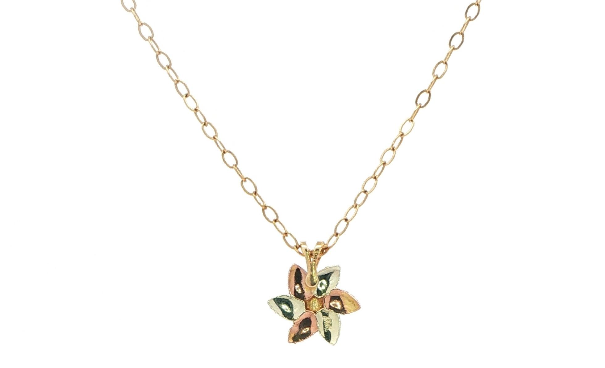 Estate Piece: Montana Sapphire Flower Necklace in Black Hills Yellow and Rose Gold (0.08cts) back