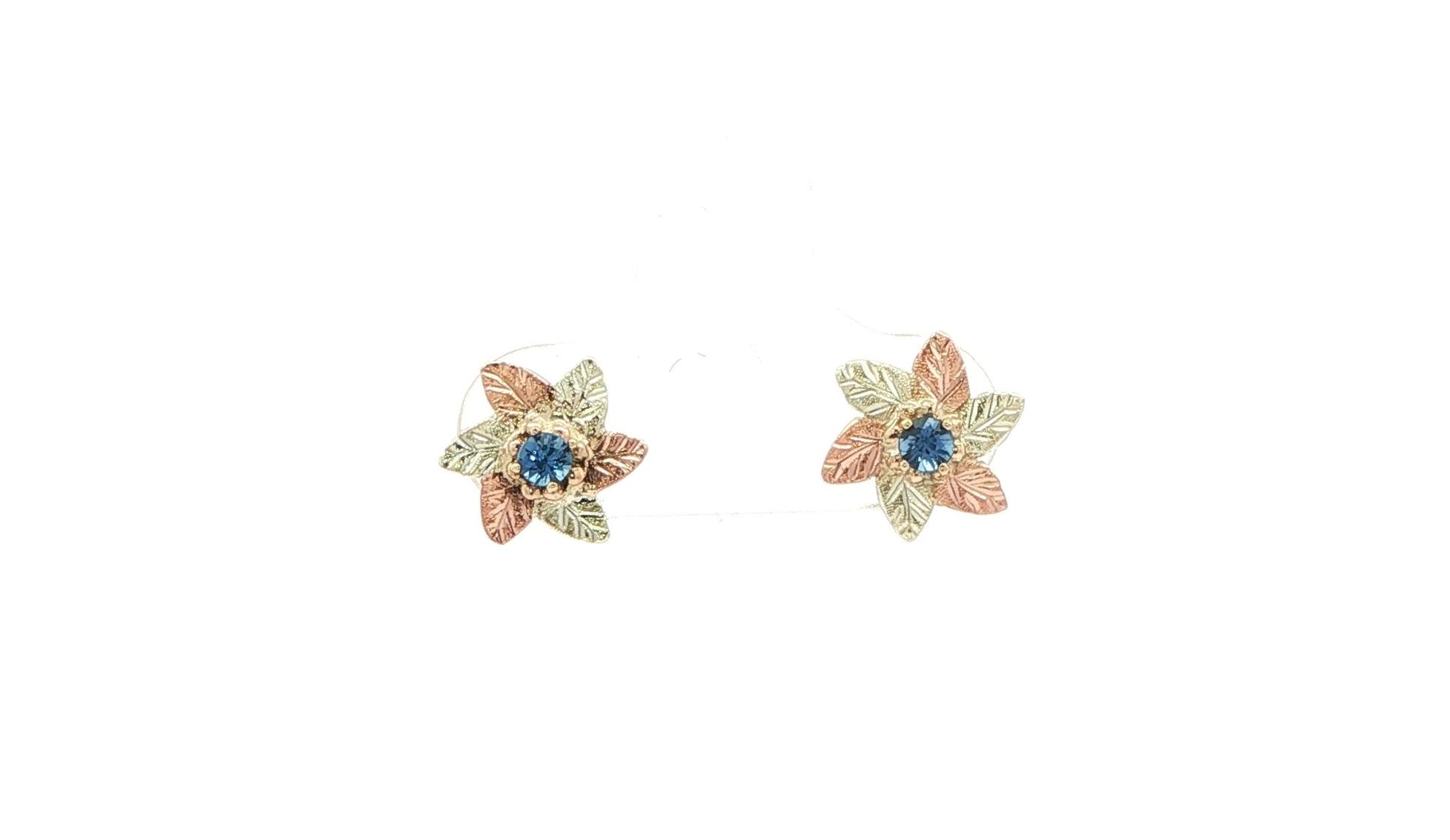 Estate Piece: Floral Montana Sapphire Stud Earrings with Screwbacks in Black Hills Yellow and Rose Gold (0.15cts TWT)