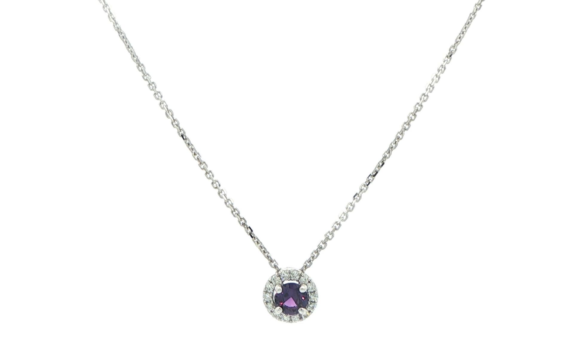 Halo Huckleberry Sapphire and Diamond Necklace in White Gold (0.23cts TWT)
