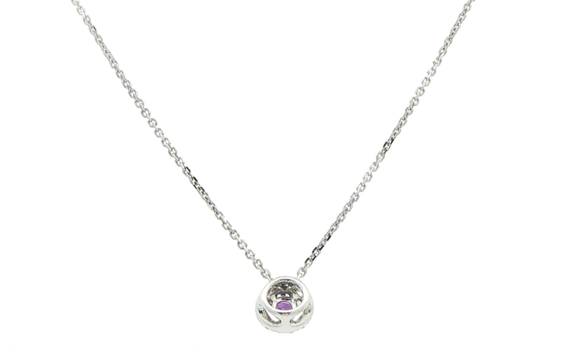 Halo Huckleberry Sapphire and Diamond Necklace in White Gold (0.23cts TWT) back