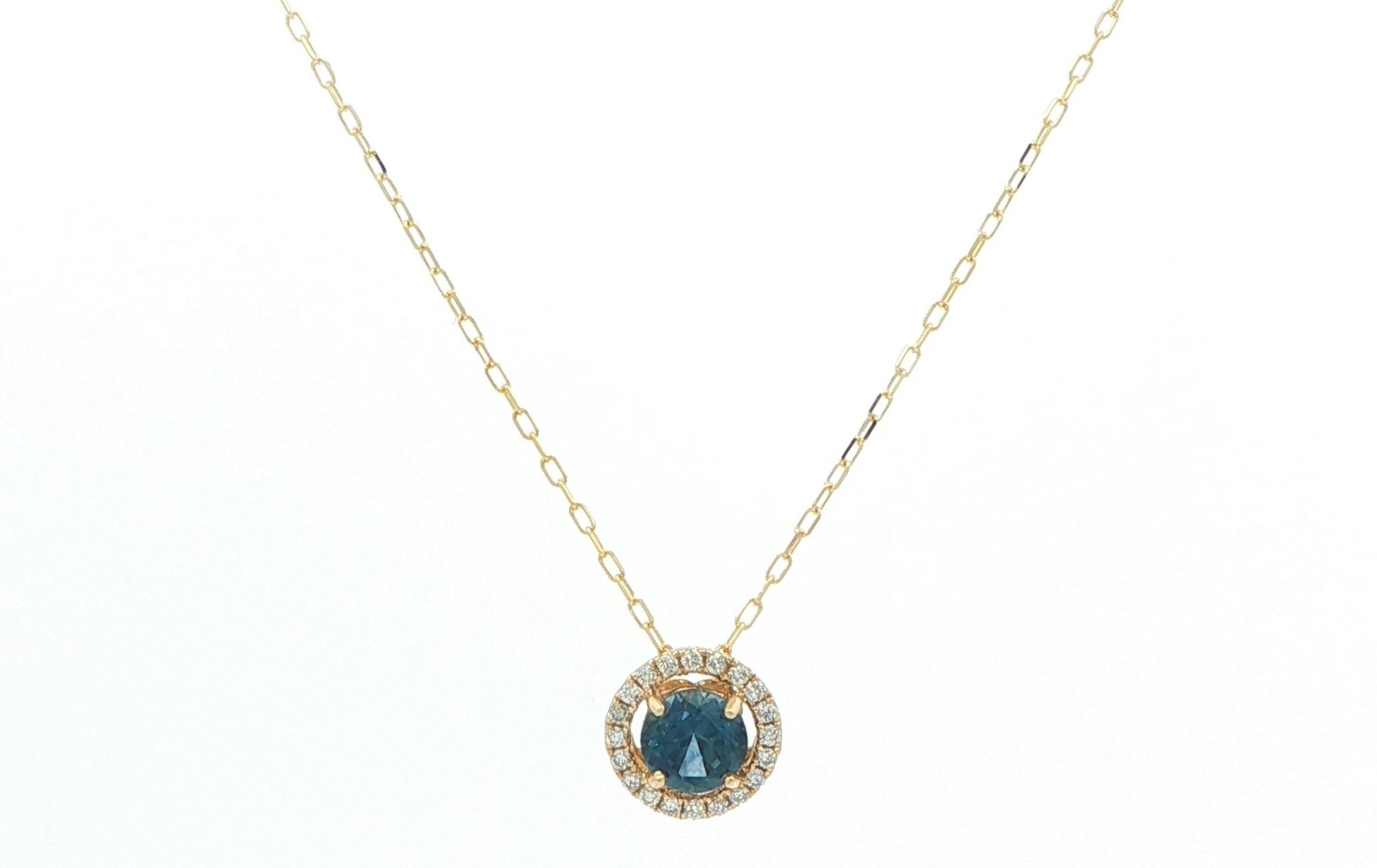 Halo-style Montana Sapphire and Diamond Necklace in Yellow Gold (0.63cts TWT)