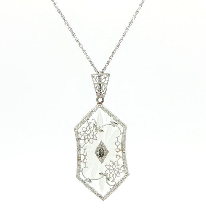 content/products/Estate Piece: Filigree Carved Rock Crystal Necklace with Embedded Bezel-set Diamond in White Gold (0.02cts)