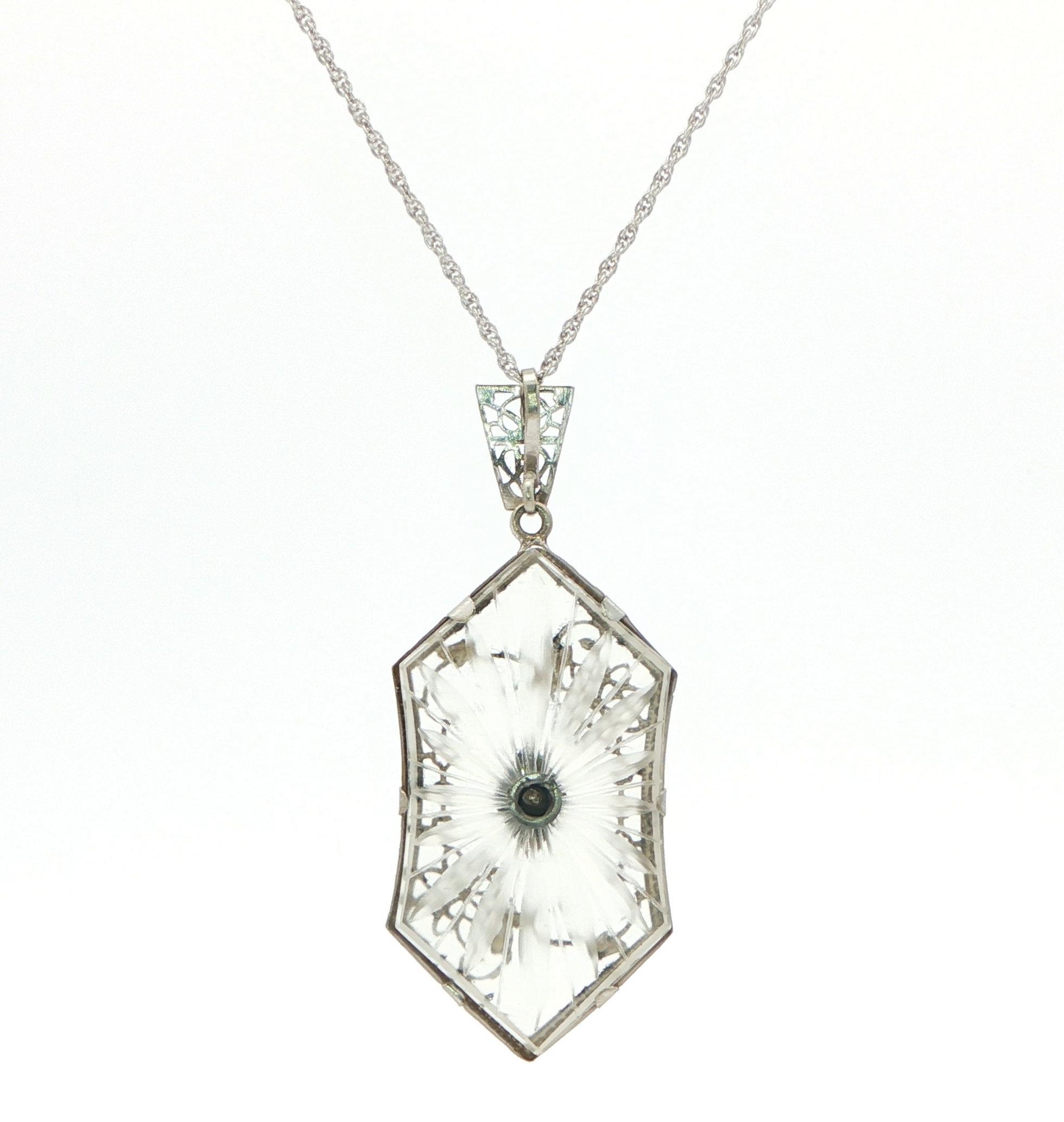 Estate Piece: Filigree Carved Rock Crystal Necklace with Embedded Bezel-set Diamond in White Gold (0.02cts) back