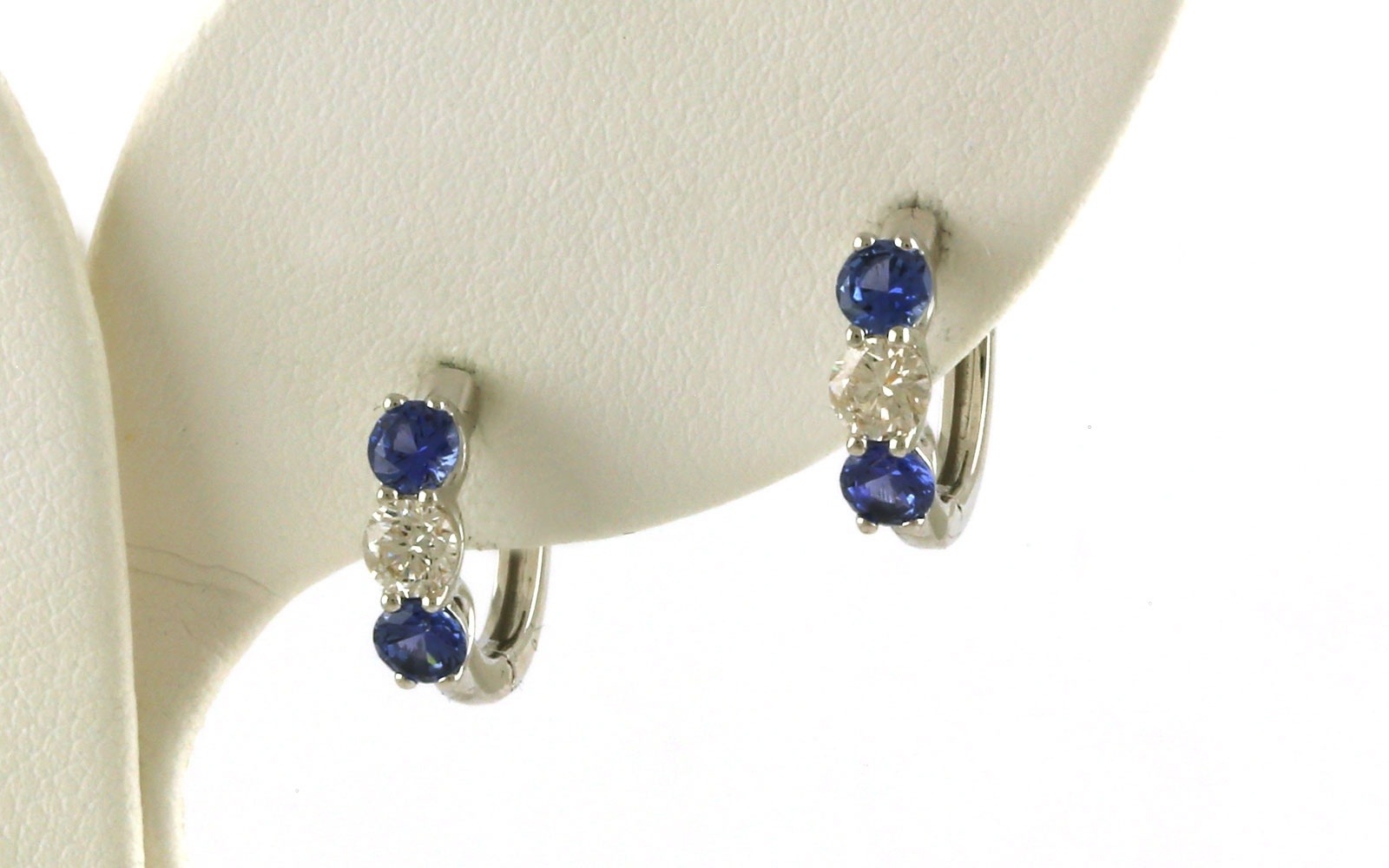 3-Stone Montana Yogo Sapphire and Diamond Prong-Set Hoop Earrings in White Gold (1.125cts TWT)