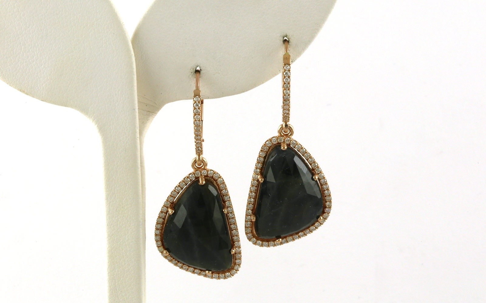 Estate Piece: Cabochon-cut Sapphire and Diamond Halo Pave Earrings in Rose Gold (24.51cts TWT)