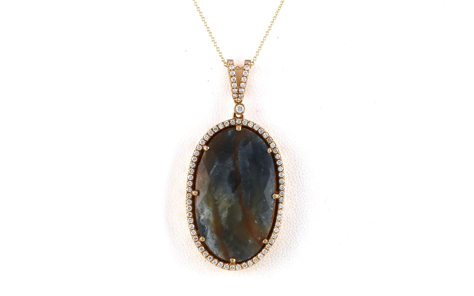 Estate Piece: Oval Cabochon-cut Sapphire and Diamond Halo Pave Necklace in Rose Gold (16.78cts TWT)