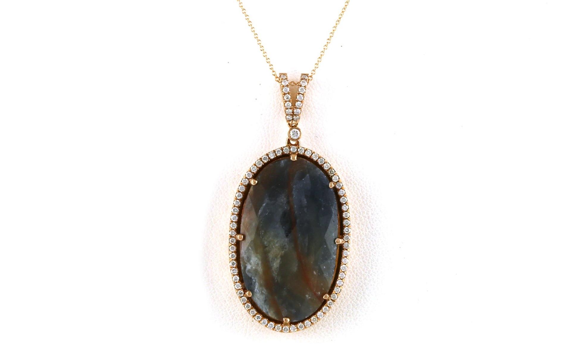 Estate Piece: Oval Cabochon-cut Sapphire and Diamond Halo Pave Necklace in Rose Gold (16.78cts TWT)