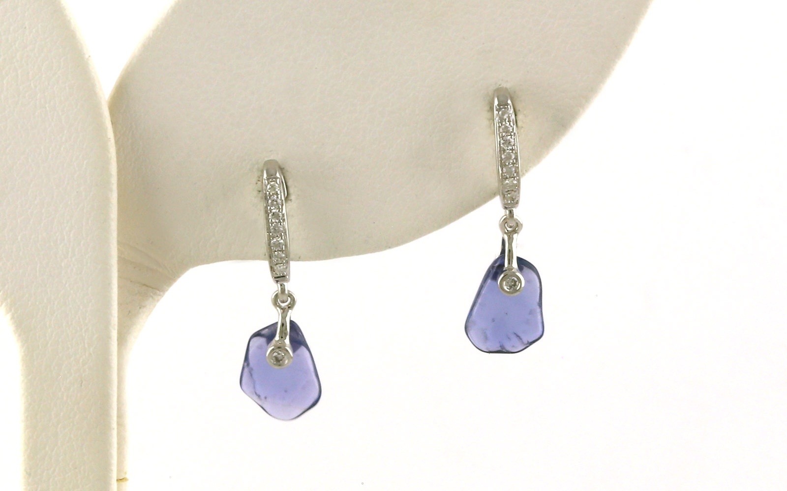 Estate Piece: Raw Un-cut Montana Yogo Sapphire and Diamond Dangle Stud Earrings in White Gold (1.23cts TWT)