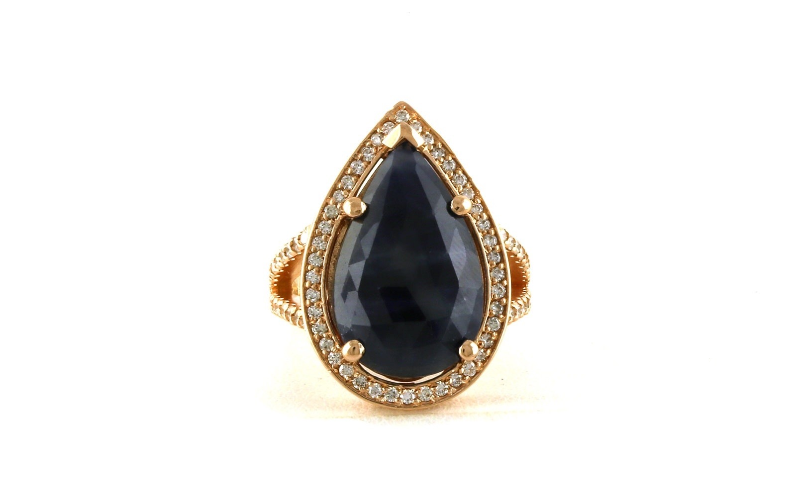 Estate Piece: Pear-Cut Sapphire and Diamond Halo Pave Split Shank Ring in Rose Gold (15.96cts TWT)