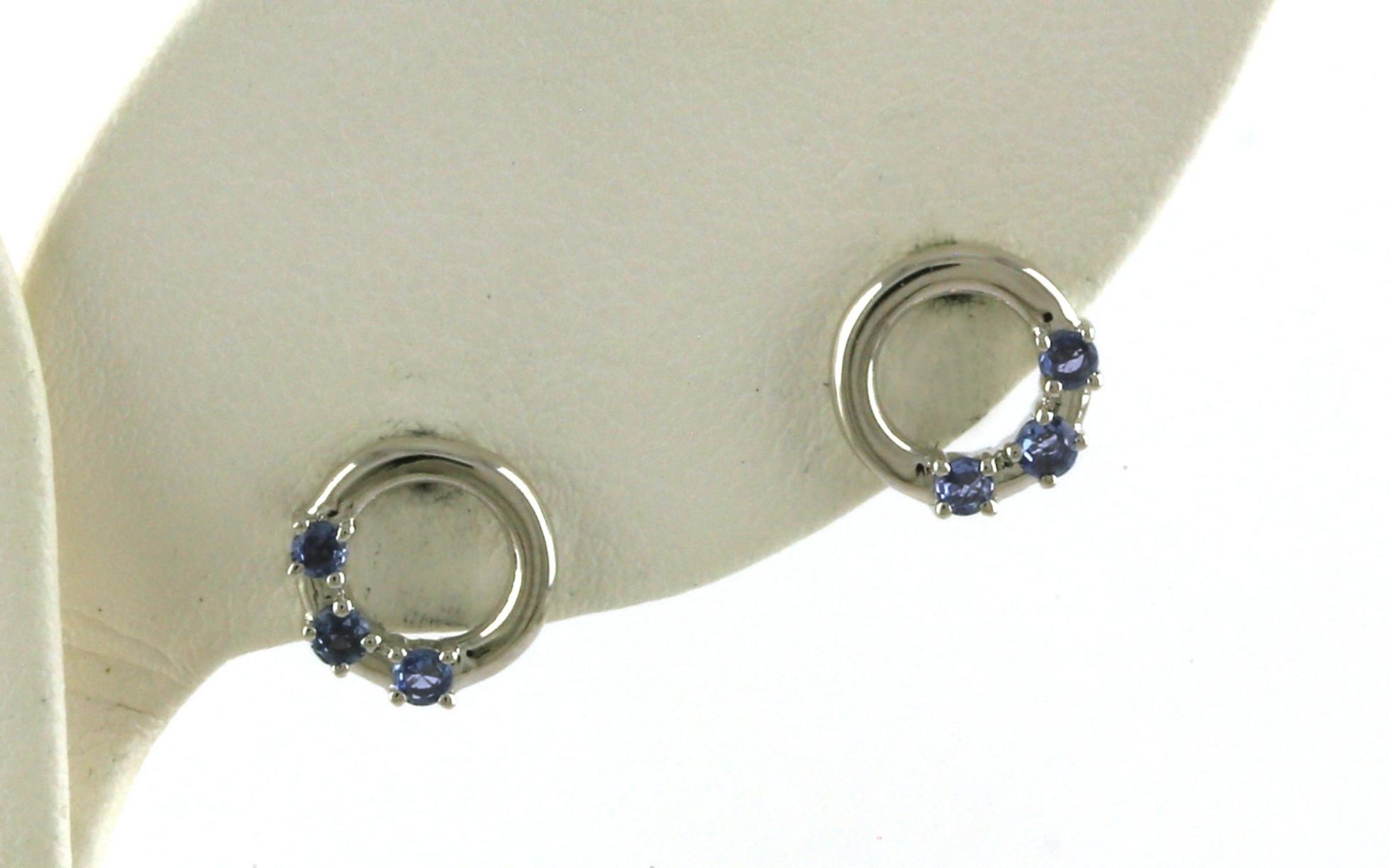 3-Stone Montana Yogo Sapphire Circle Stud Earrings in White Gold (0.24cts TWT)