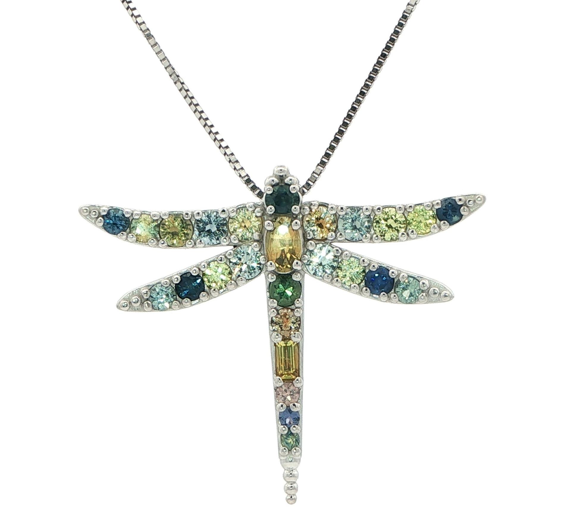 Multicolor and Multi-cut Montana Sapphire Dragonfly Charm Necklace in White Gold (3.31cts TWT)