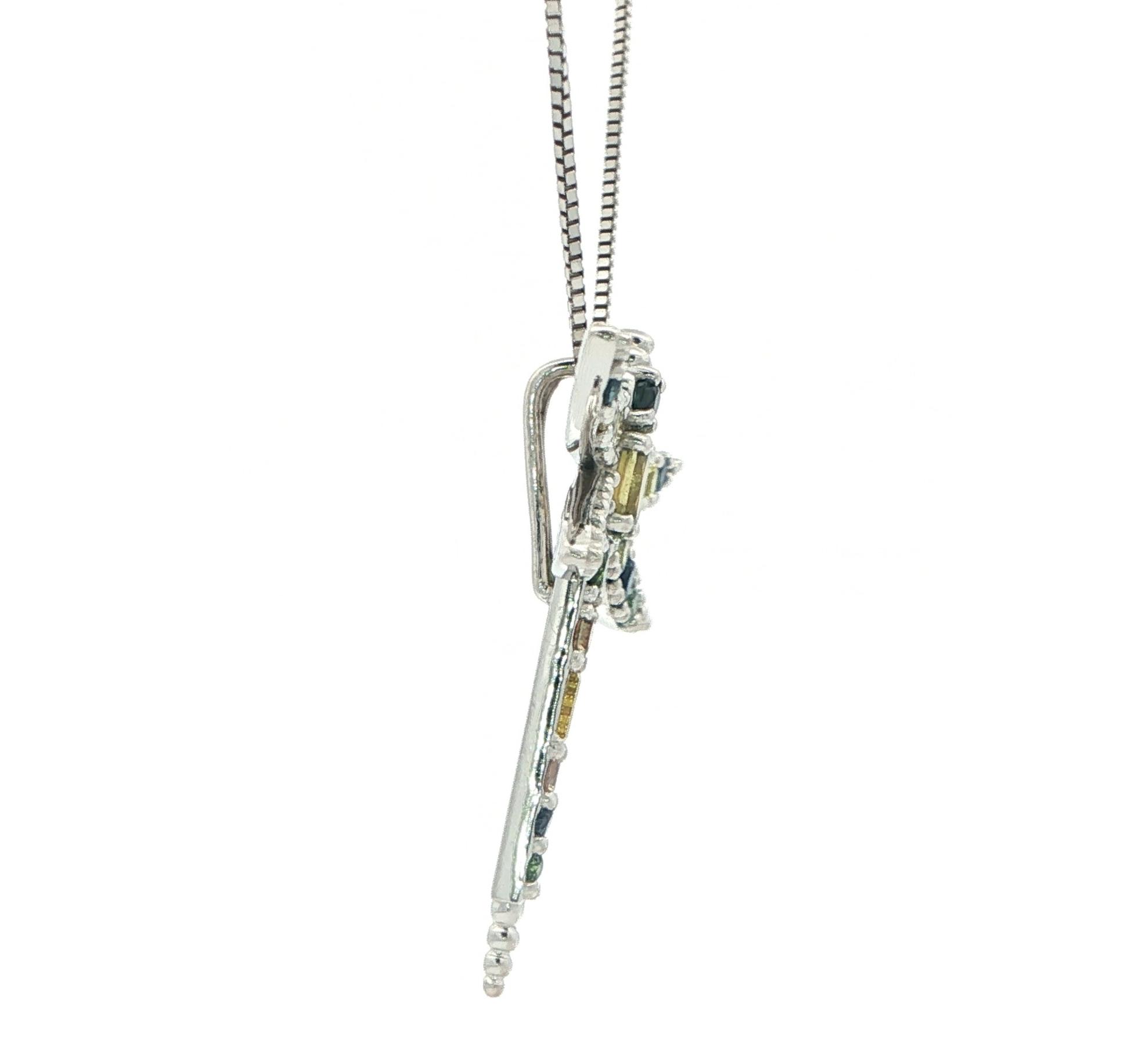 Multicolor and Multi-cut Montana Sapphire Dragonfly Charm Necklace in White Gold (3.31cts TWT) side