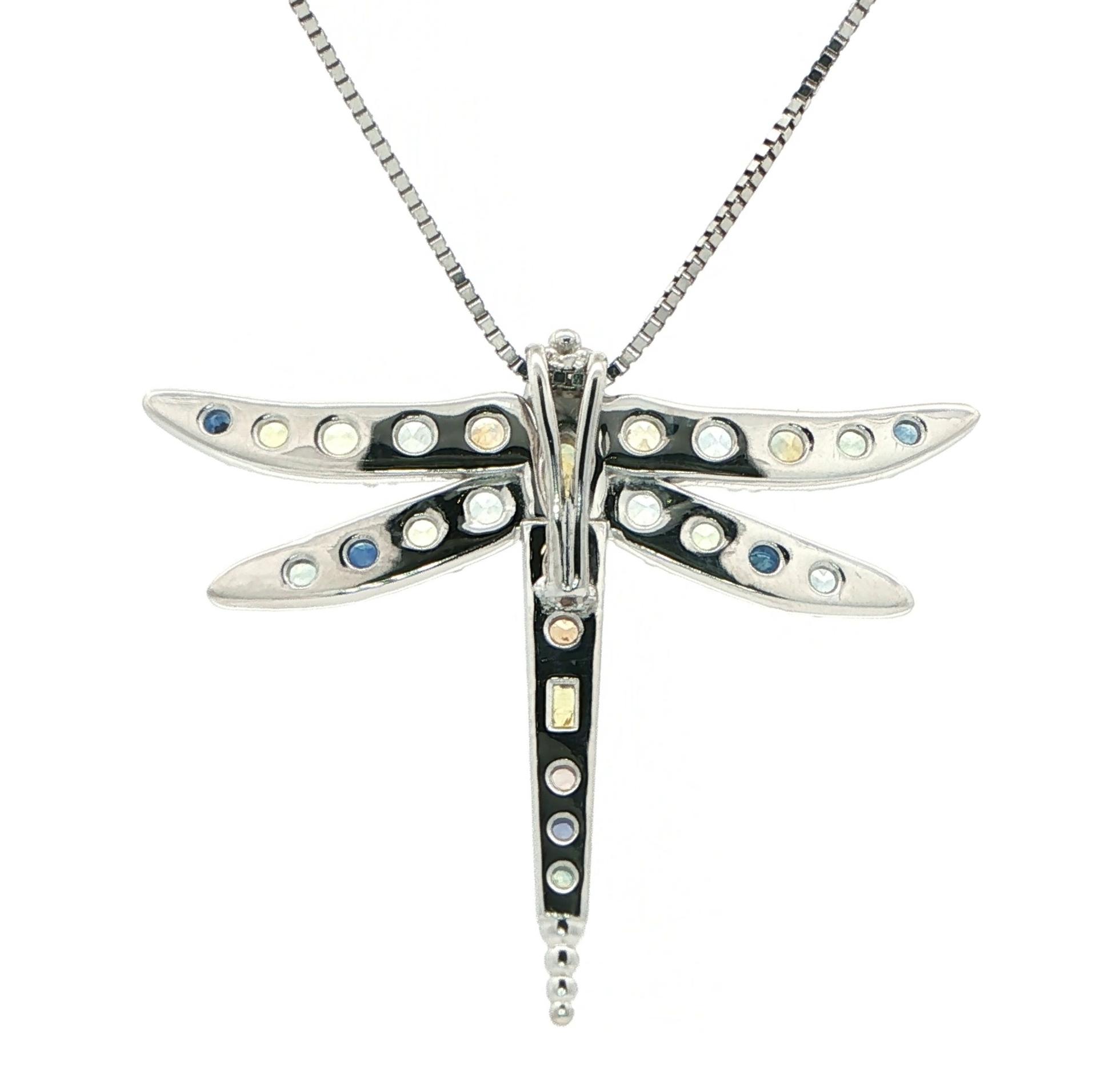 Multicolor and Multi-cut Montana Sapphire Dragonfly Charm Necklace in White Gold (3.31cts TWT) back