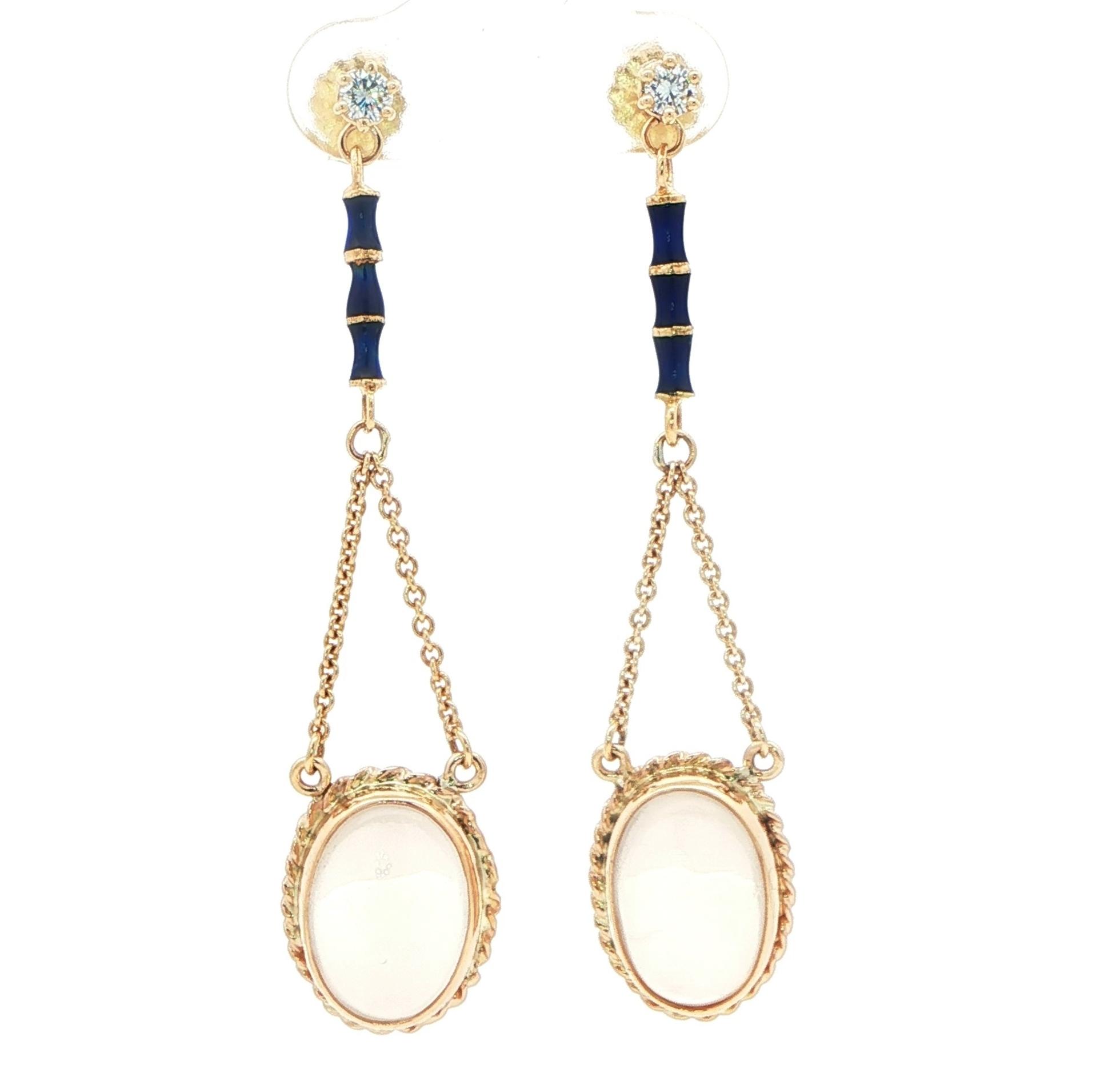 Estate Piece: Moonstone and Diamond Dangle Earrings with Blue Enamel Accent in Yellow Gold