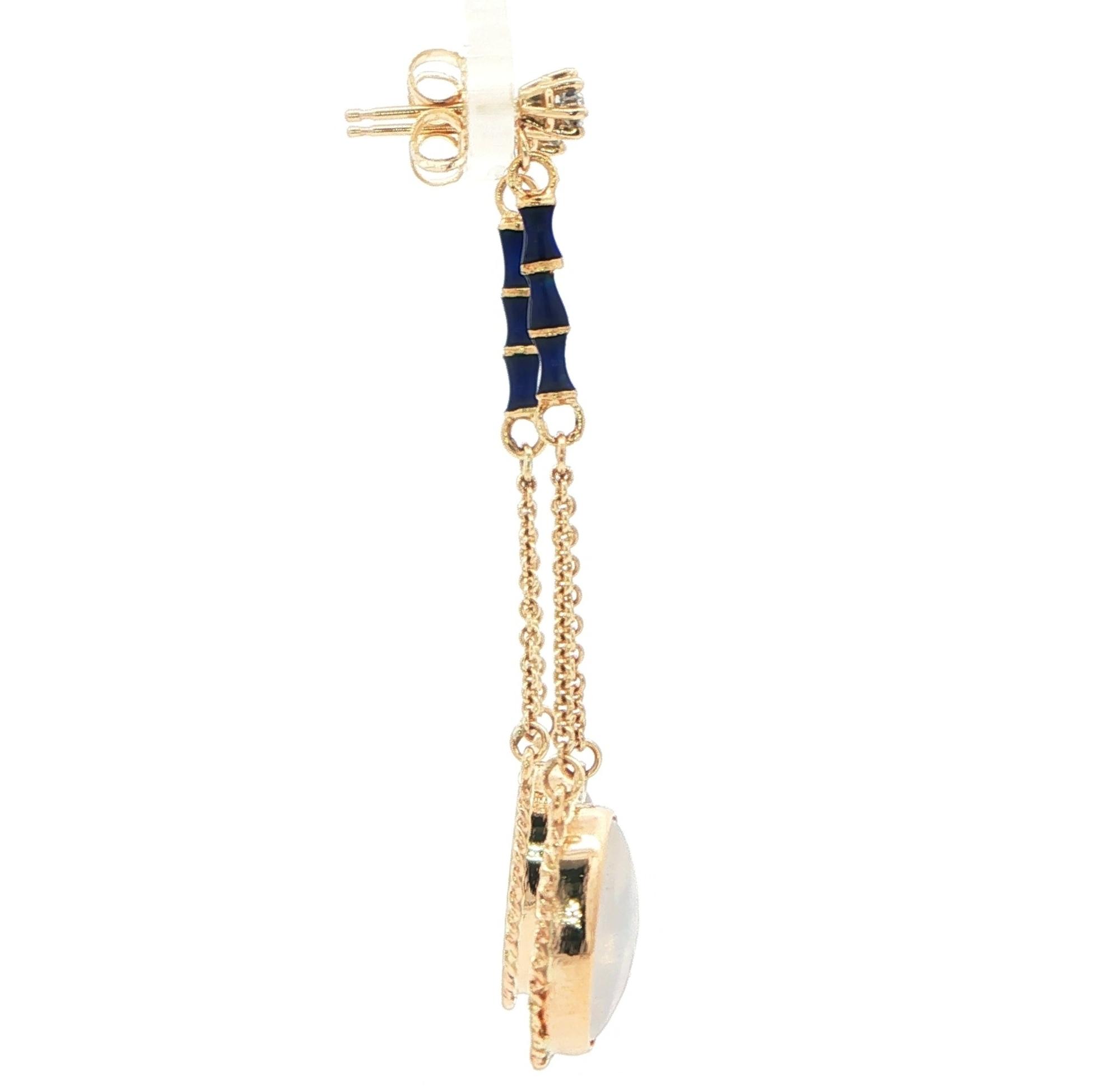 Estate Piece: Moonstone and Diamond Dangle Earrings with Blue Enamel Accent in Yellow Gold side