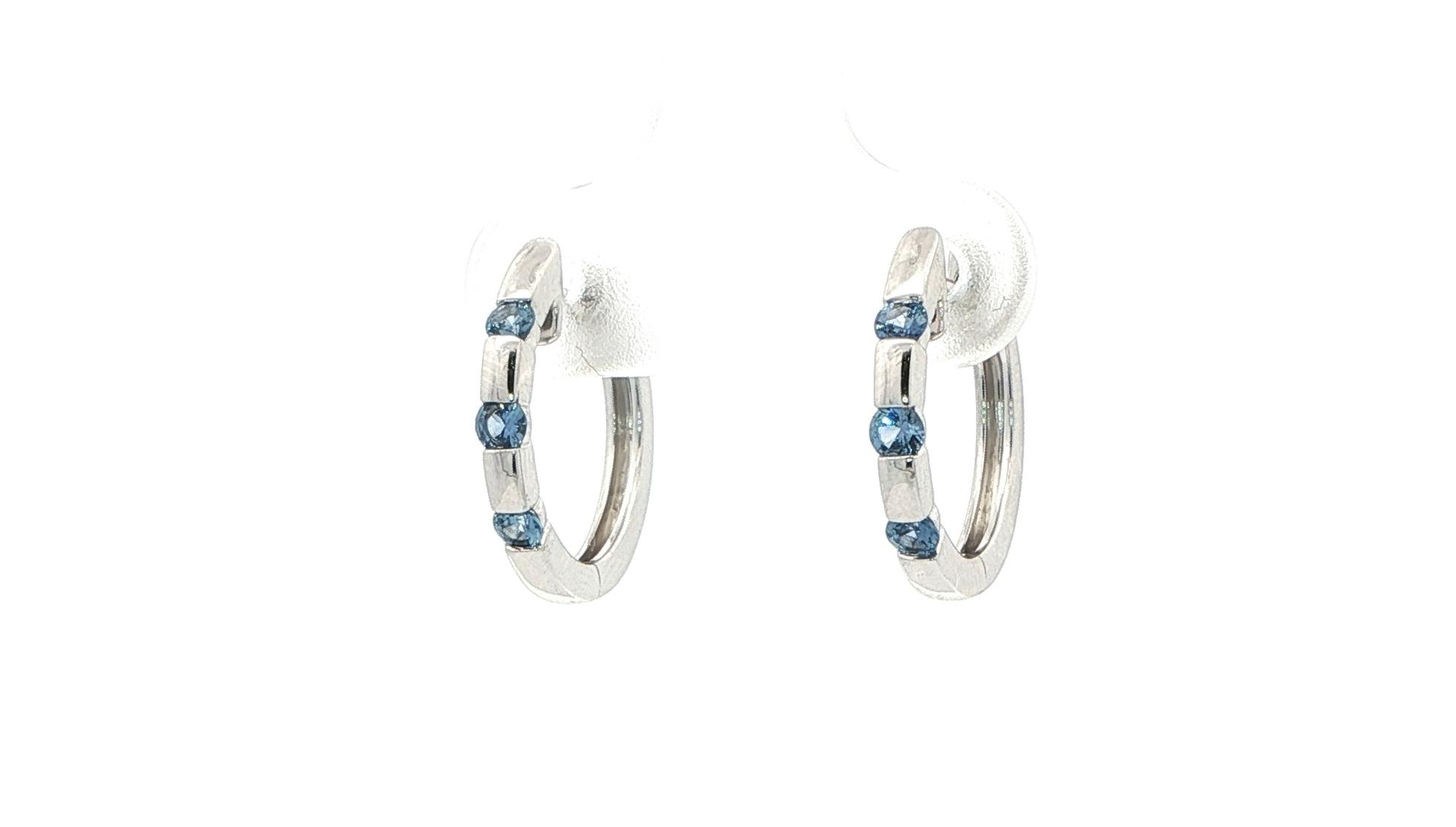 3-Stone Bar-set Montana Yogo Sapphire Hoop Earrings in White Gold (0.34cts TWT)