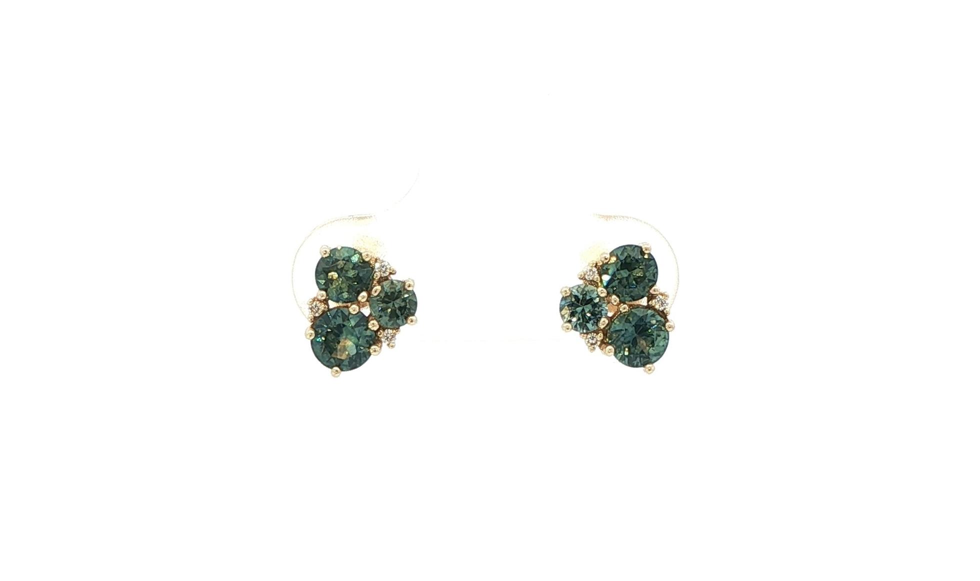 6-Stone Teal Montana Sapphire and Diamond Stud Earrings in Yellow Gold (1.34cts TWT)