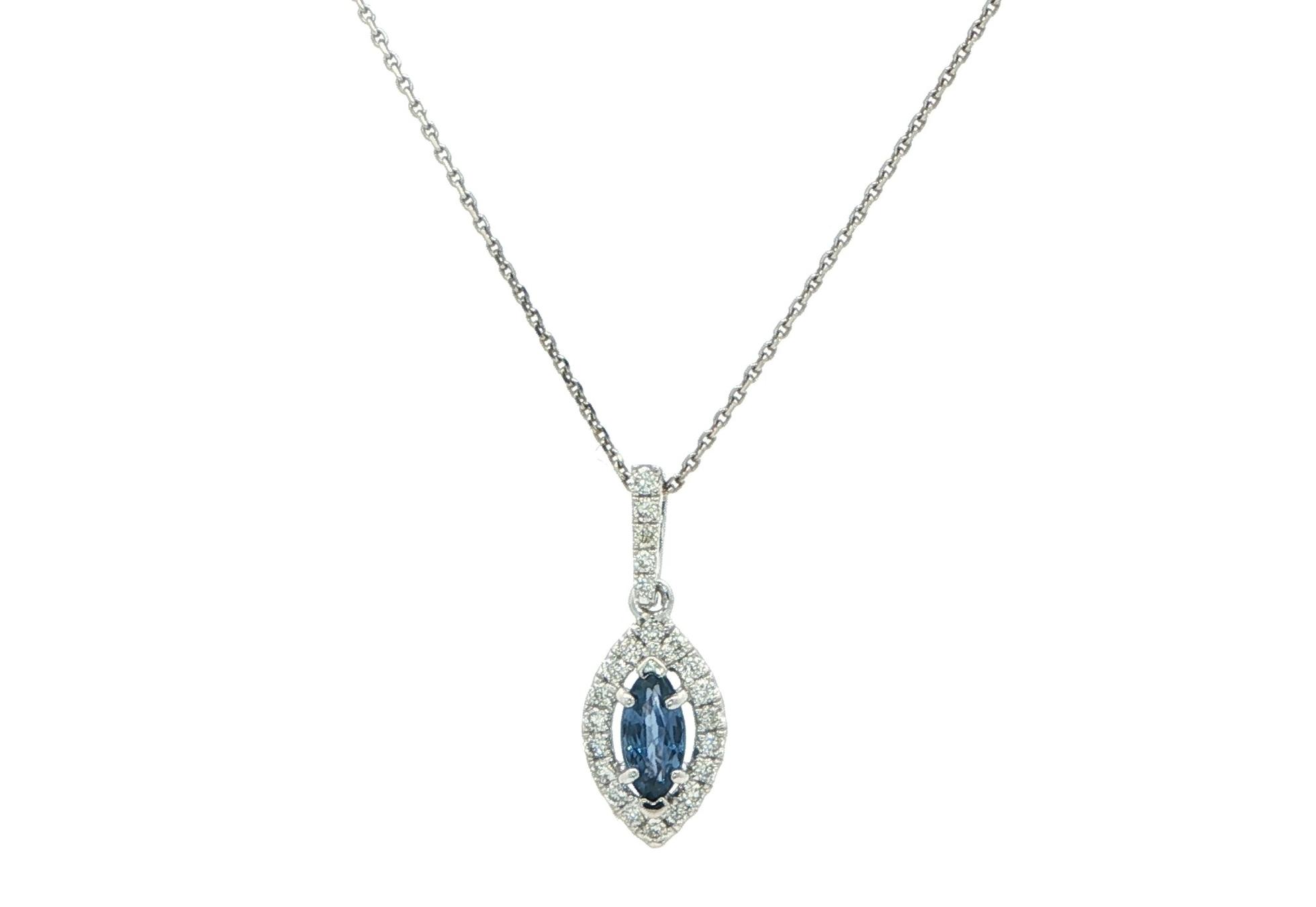 Halo-style Marquise-cut Montana Yogo Sapphire and Diamond Necklace in White Gold (0.34cts TWT)