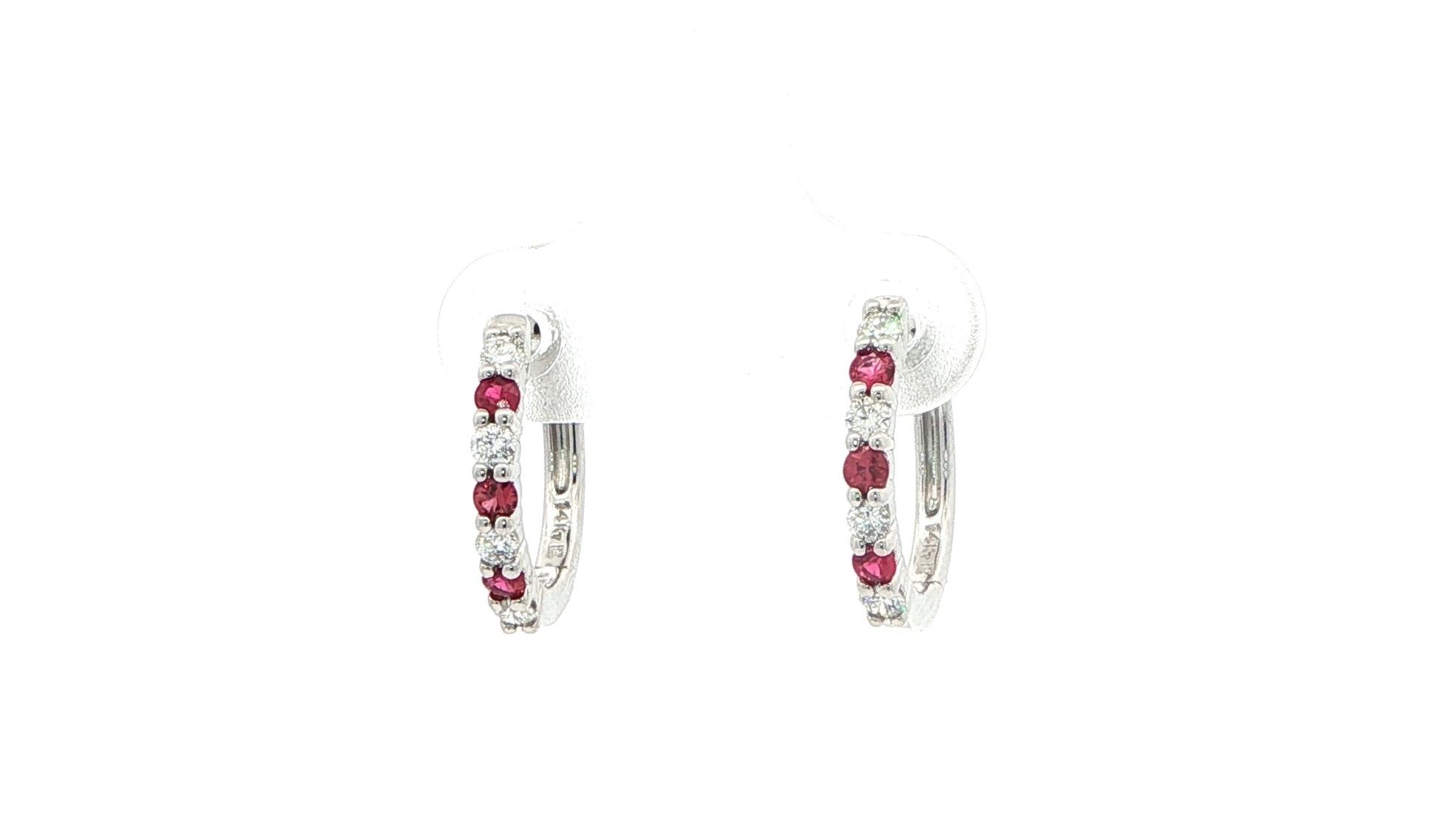 Alternating Ruby and Diamond Hoop Earrings in White Gold (0.48cts TWT)