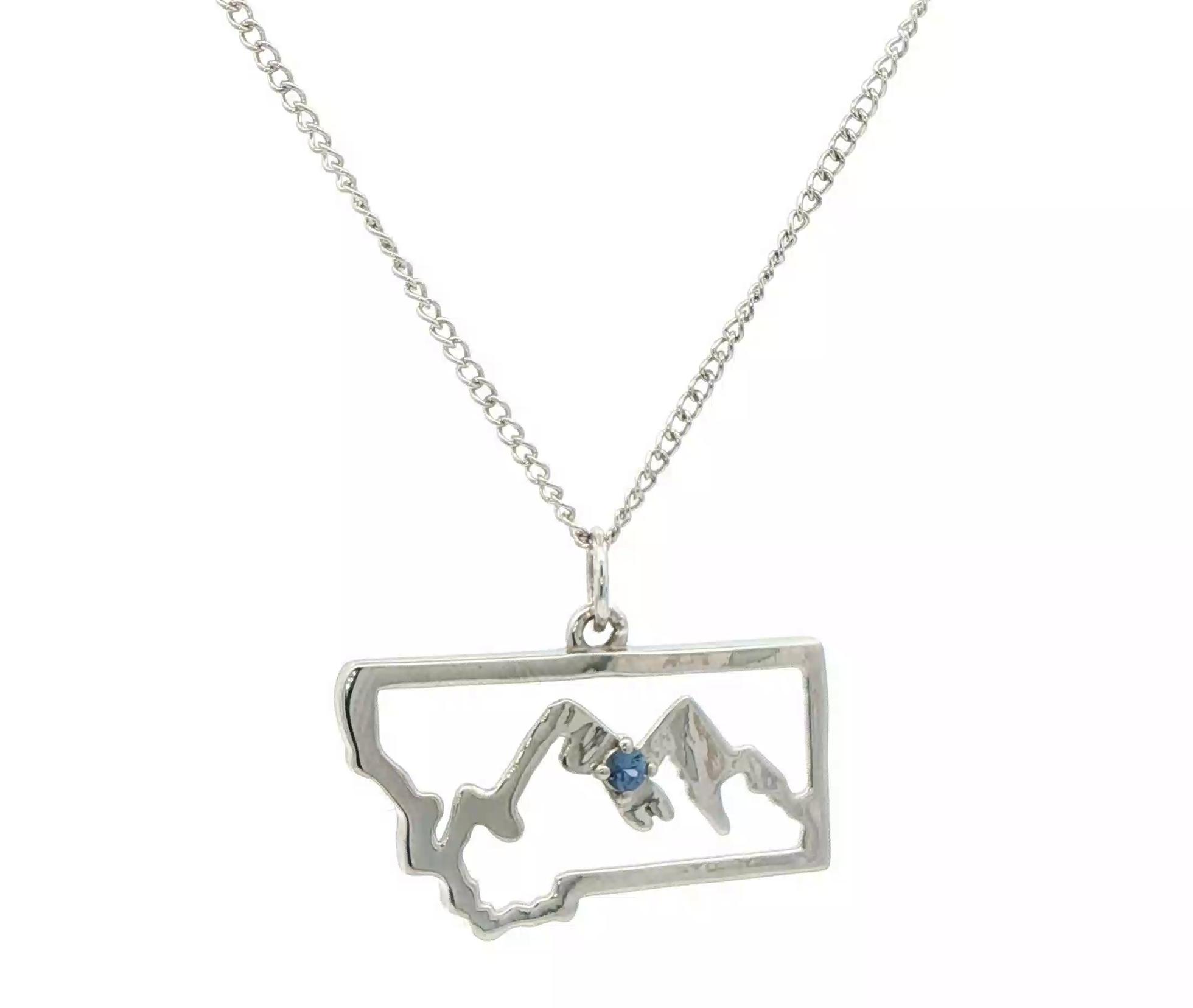 State of Montana Outline Silhouette with Montana Yogo Sapphire in Mountains Necklace in Sterling Silver (0.05ct)