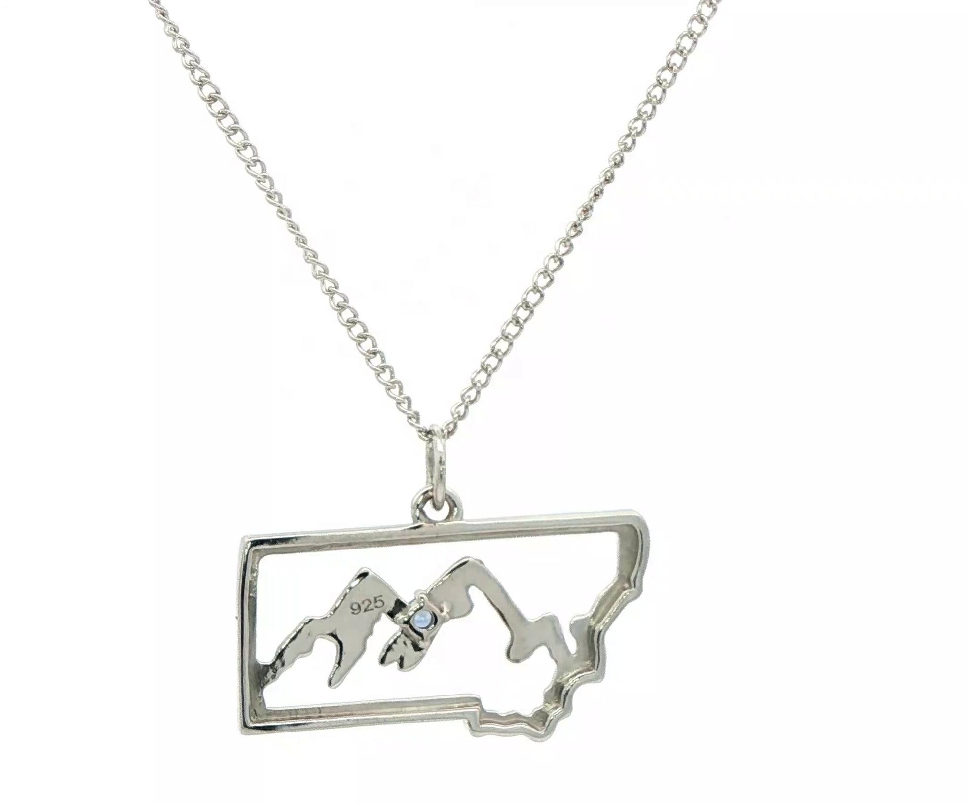 State of Montana Outline Silhouette with Montana Yogo Sapphire in Mountains Necklace in Sterling Silver (0.05ct) back