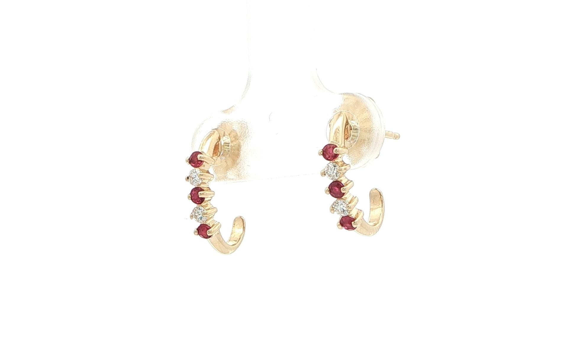 Estate Piece: Alternating Ruby and Diamond J-Hoop Earrings in Yellow Gold (0.22cts TWT) angled