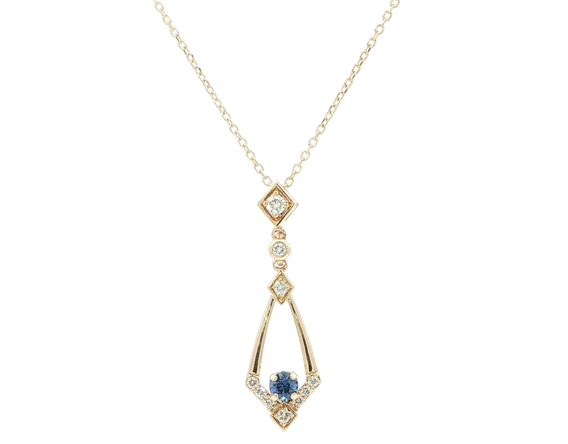 Kite Drop-style Montana Yogo Sapphire and Diamond Necklace in Yellow Gold (0.34cts TWT)