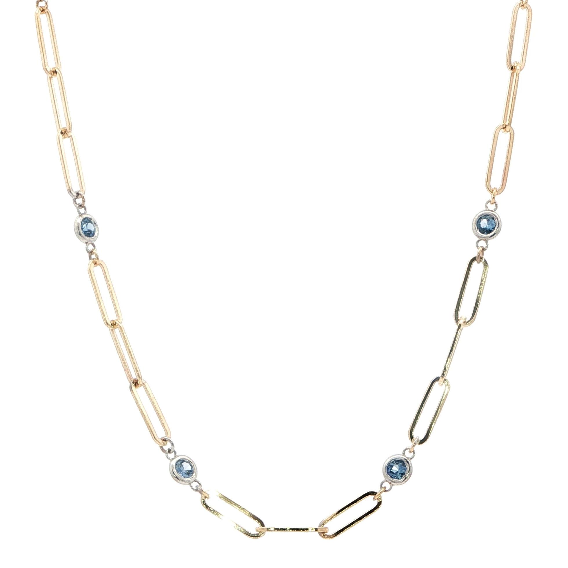 Paperclip Chain Montana Yogo Sapphire Station Necklace in Two-tone Yellow and White Gold (1.19cts TWT)
