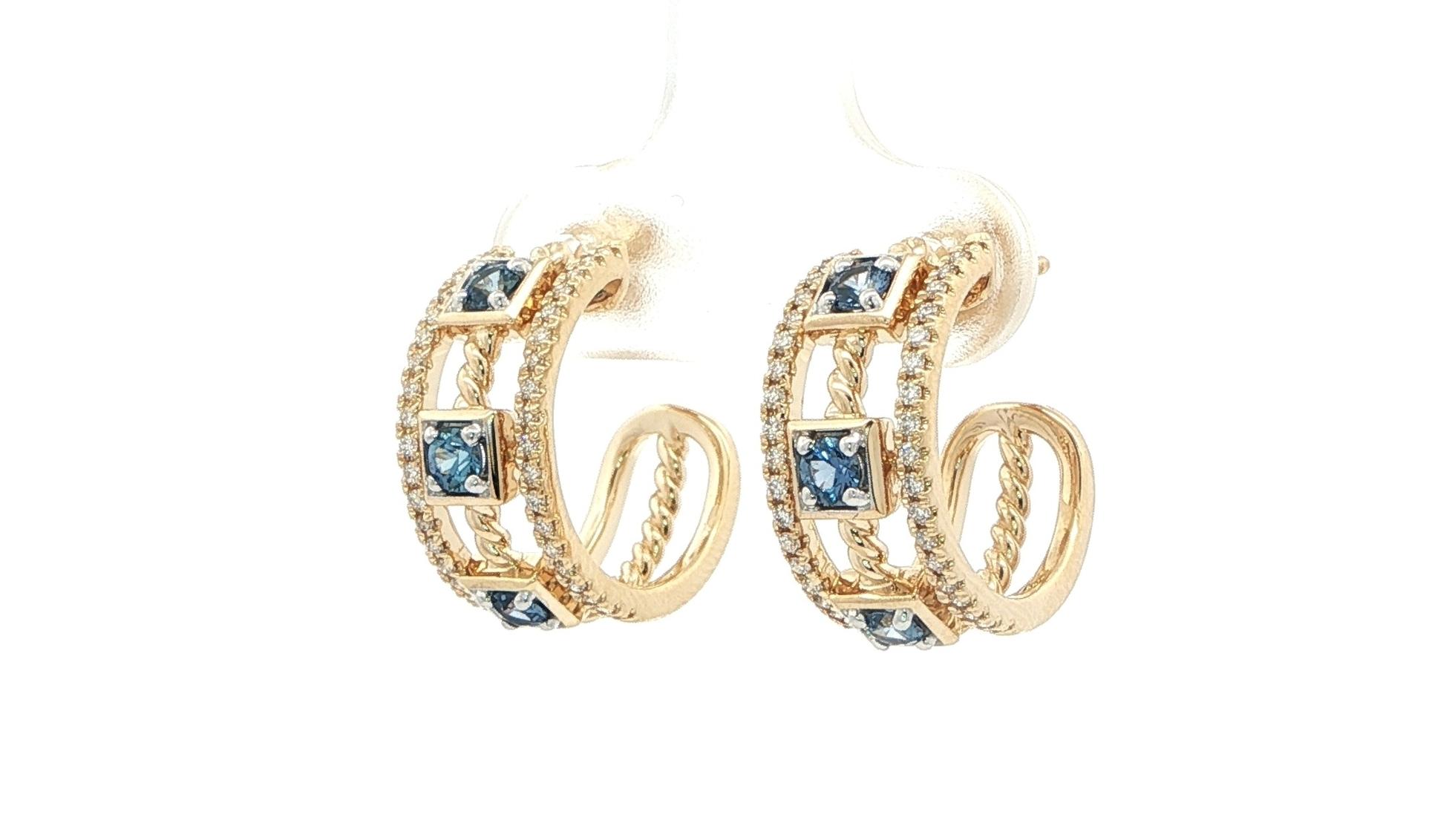 3-Row Sapphire and Round Diamond Post Hoop Earrings in Yellow Gold (0.94cts TWT) angled