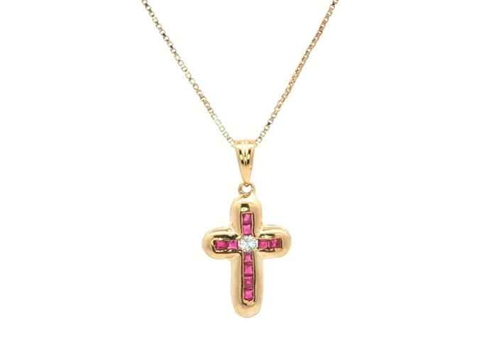 content/products/Estate Piece: Princess-cut Ruby and Round Diamond Bubble Cross Necklace in Yellow Gold (0.25cts TWT)