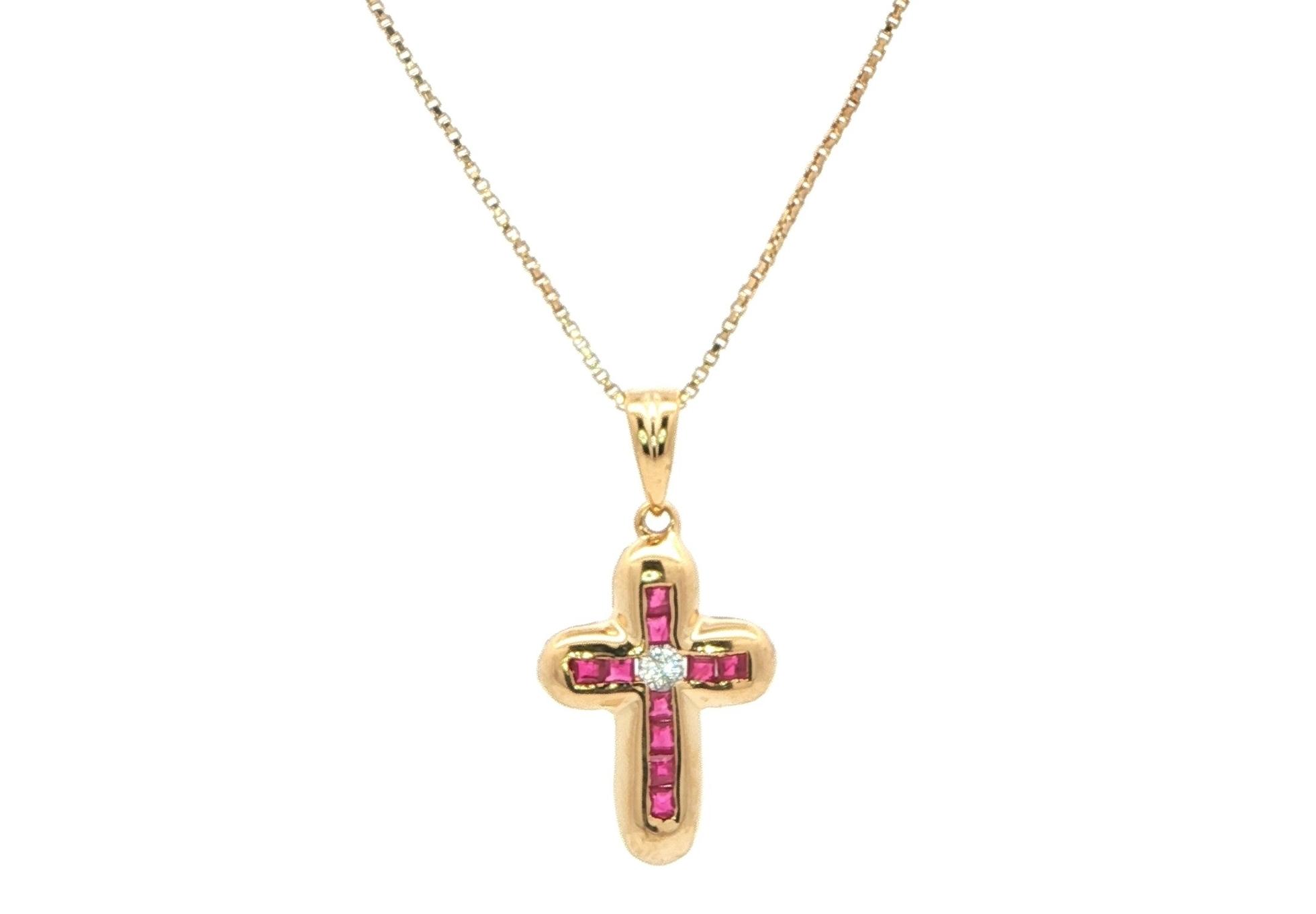 Estate Piece: Princess-cut Ruby and Round Diamond Bubble Cross Necklace in Yellow Gold (0.25cts TWT)