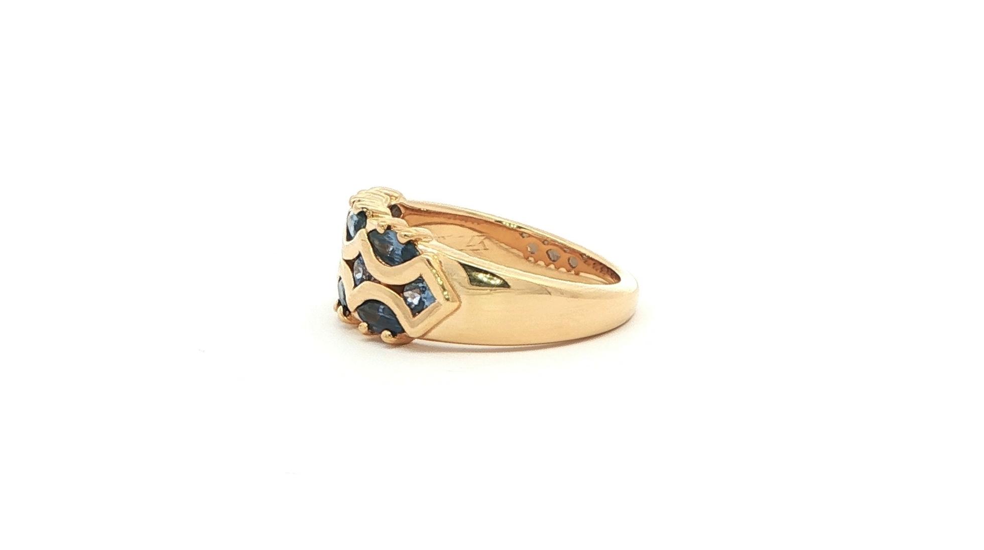 Estate Piece: 3-Row Marquise-cut and Round-cut Montana Yogo Sapphire Ring in Yellow Gold (1.12cts TWT) side