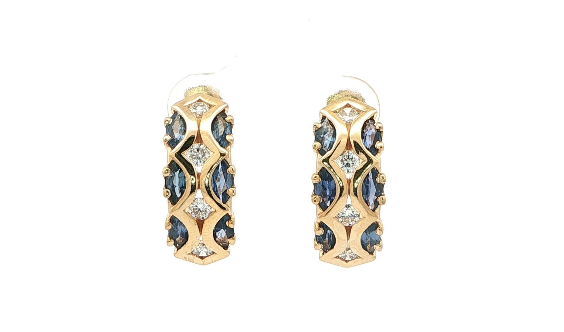 Estate Piece: 3-Row Marquise Montana Yogo Sapphire and Round Diamond J-Hoop Earrings in Yellow Gold (2.20cts TWT)