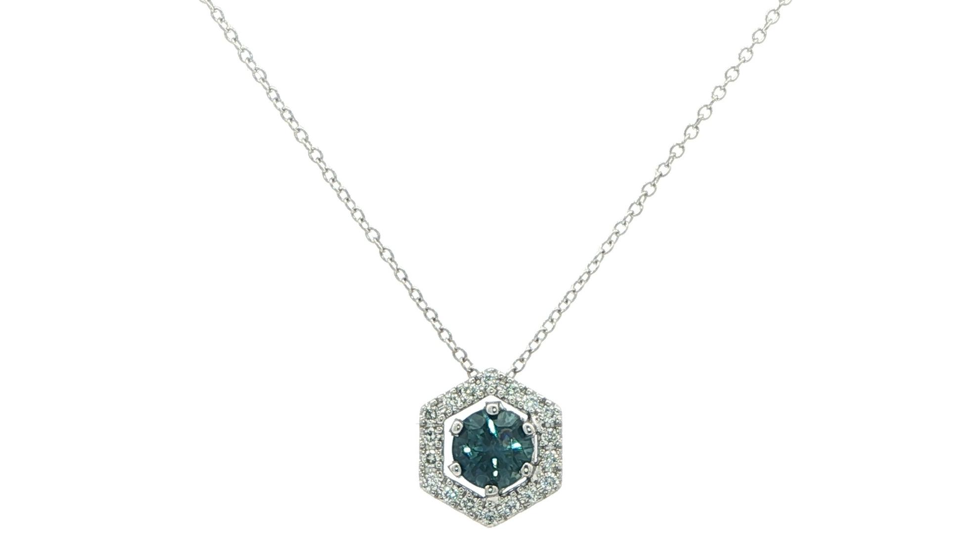 Hexagon Halo Montana Sapphire and Diamond Necklace in White Gold (1.02cts TWT)