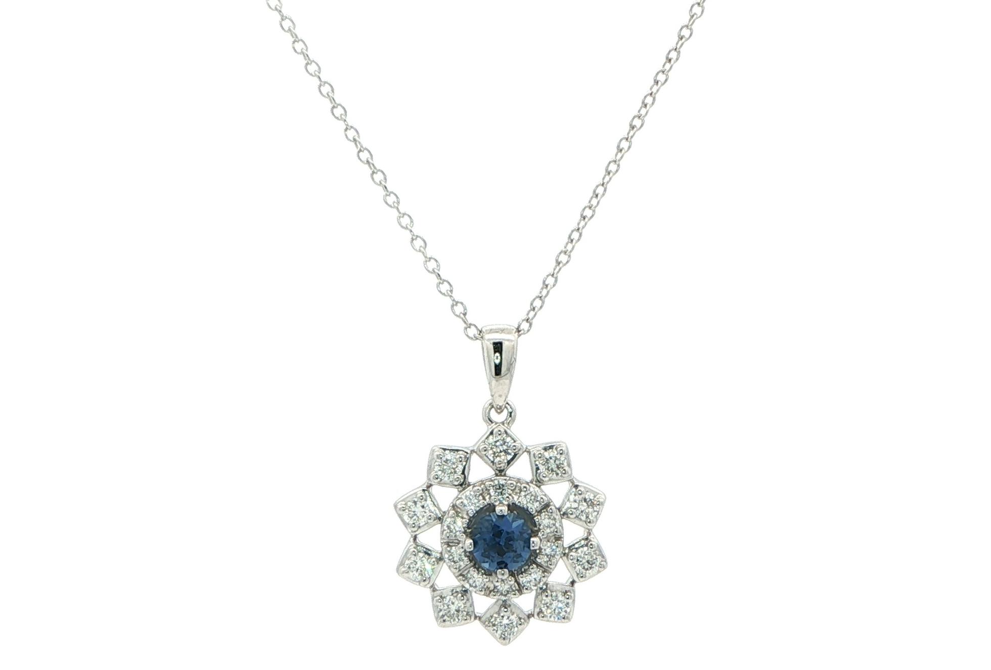Snowflake Montana Yogo Sapphire and Diamond Necklace in White Gold (0.67cts TWT)