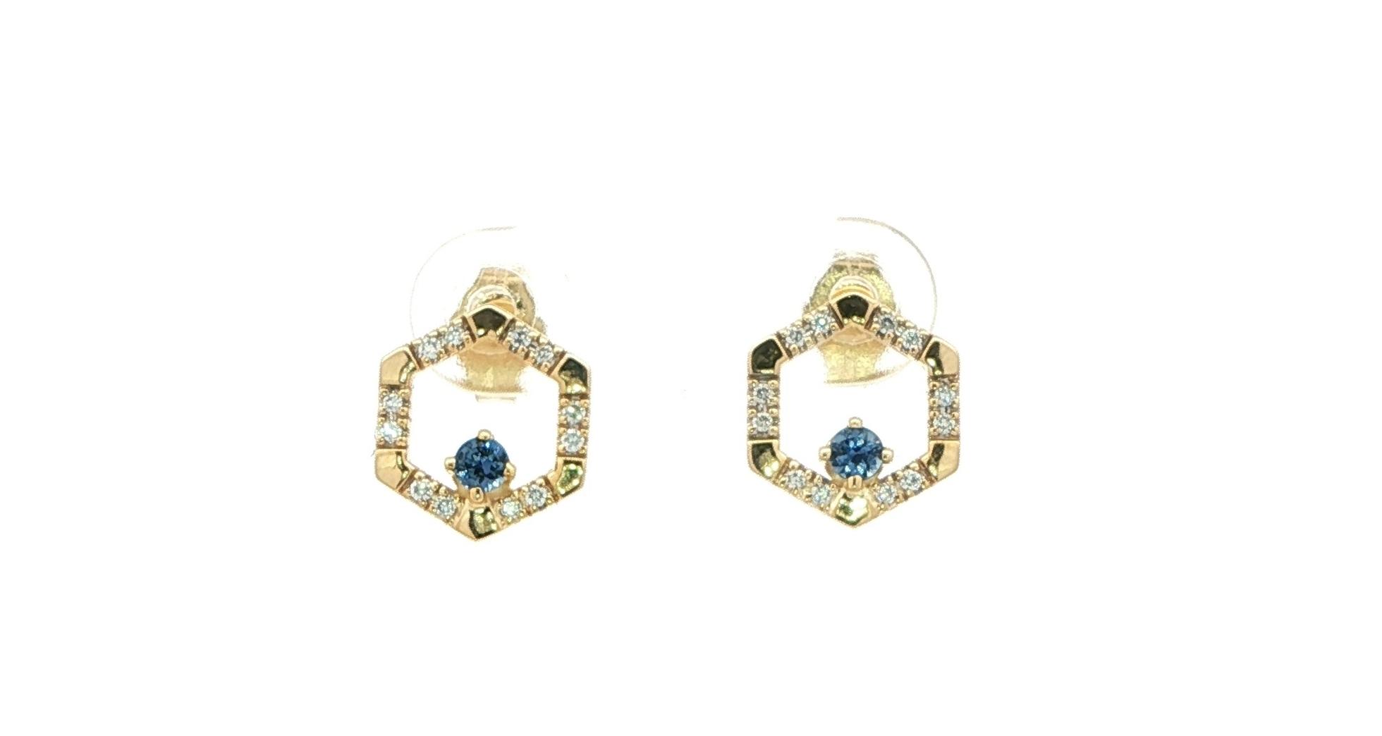 Hexagon Montana Yogo Sapphire and Diamond Stud Earrings in Yellow Gold (0.28cts TWT)