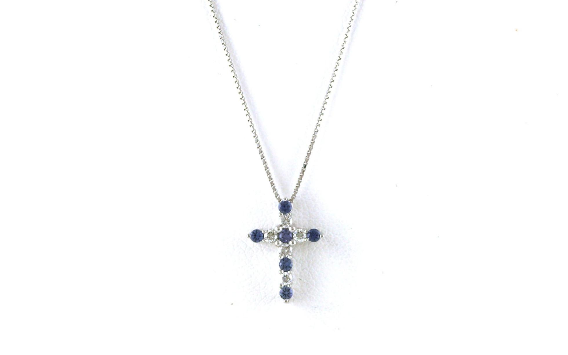 11-stone Alternating Montana Yogo Sapphire and Diamond Cross Necklace in White Gold (0.23cts TWT)