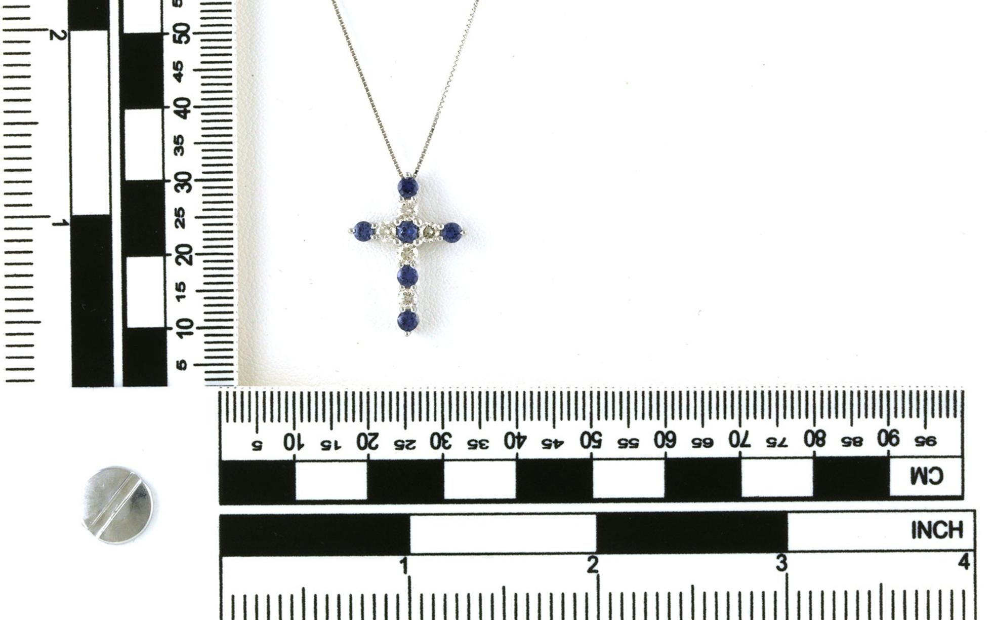 11-Stone Alternating Montana Yogo Sapphire and Diamond Cross Necklace in White Gold (1.12cts TWT) scale