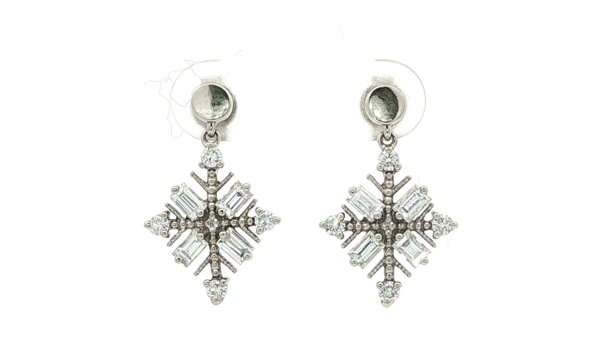 Snowflake Round and Baguette-cut Diamond Dangle Earrings in White Gold (0.90cts TWT)