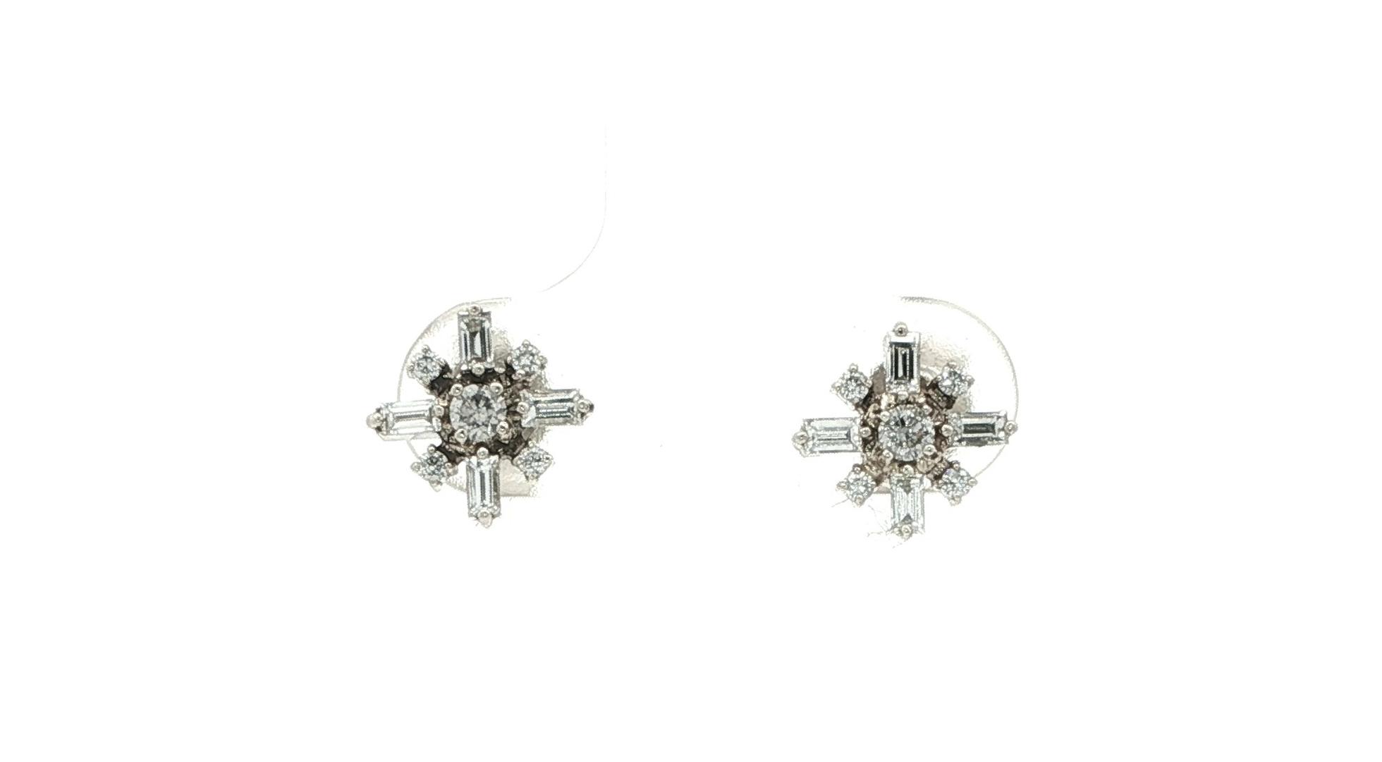 Snowflake Baguette and Round-cut Diamond Stud Earrings in White Gold (0.40cts TWT)
