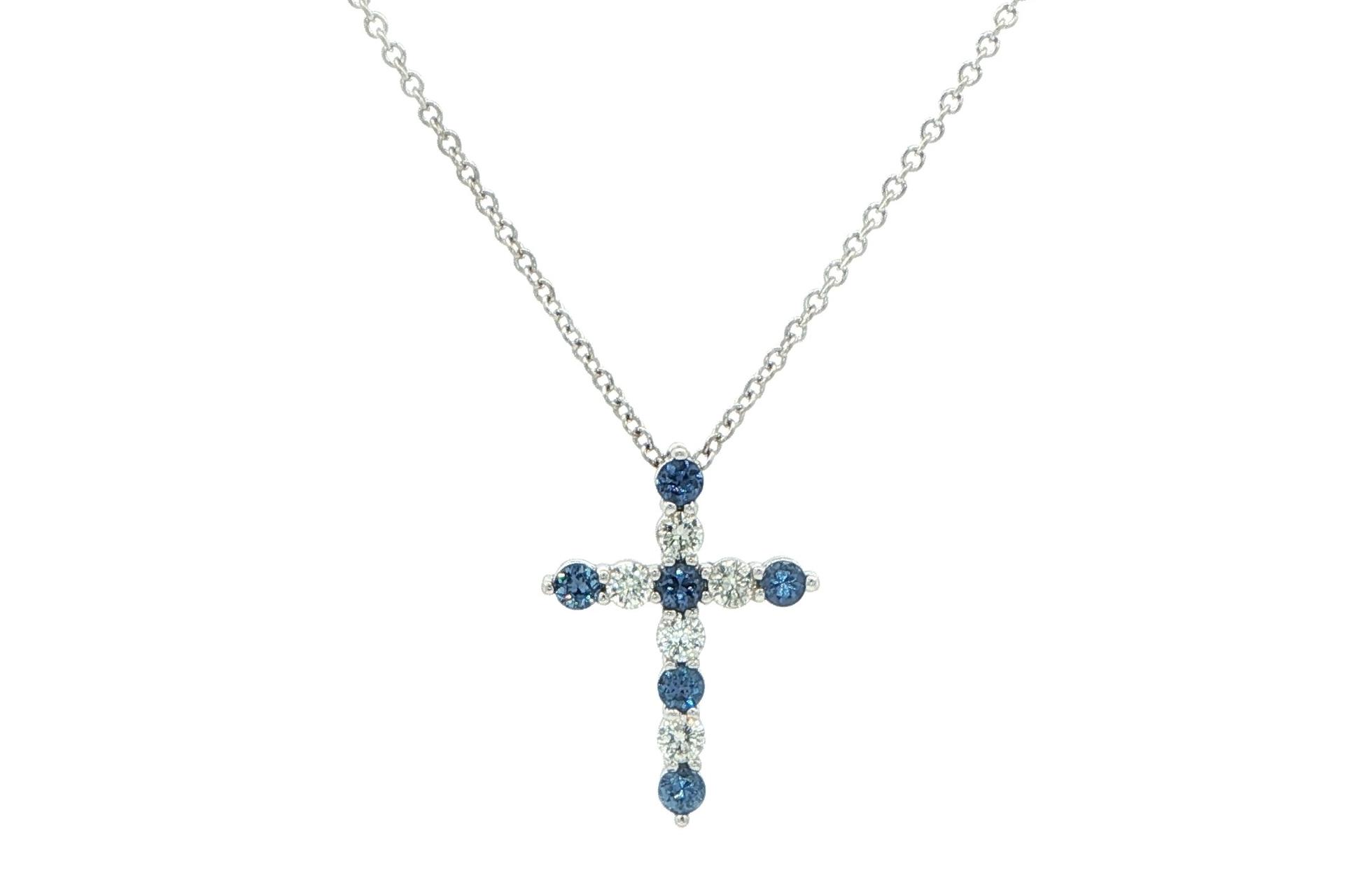 Alternating Montana Yogo Sapphire and Diamond Cross Necklace in White Gold (0.47cts TWT)