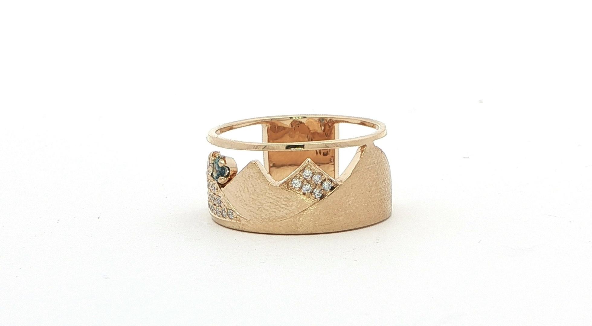 Wide Mountainscape Montana Yogo Sapphire and Pave Diamond Ring in Yellow Gold (0.30cts TWT) side