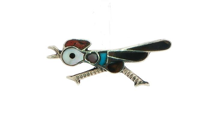 content/products/Estate Piece: Road Runner Turquoise, Tiger's Eye, Mother of Pearl, Onyx, and Coral Inlayed Brooch-Pin in Sterling Silver