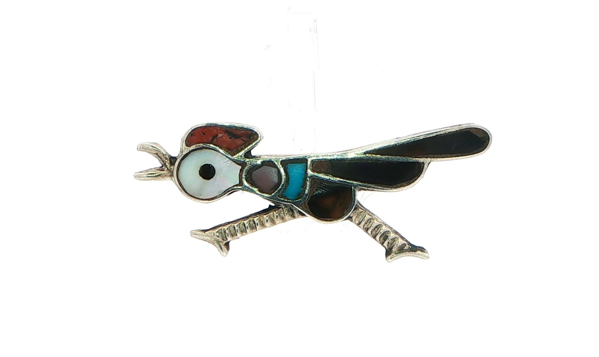 Estate Piece: Road Runner Turquoise, Tiger's Eye, Mother of Pearl, Onyx, and Coral Inlayed Brooch-Pin in Sterling Silver