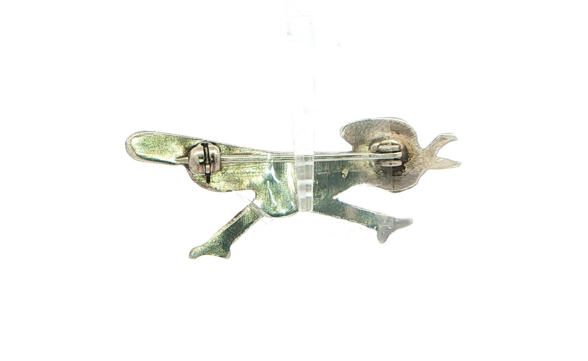 Estate Piece: Road Runner Turquoise, Tiger's Eye, Mother of Pearl, Onyx, and Coral Inlayed Brooch-Pin in Sterling Silver back