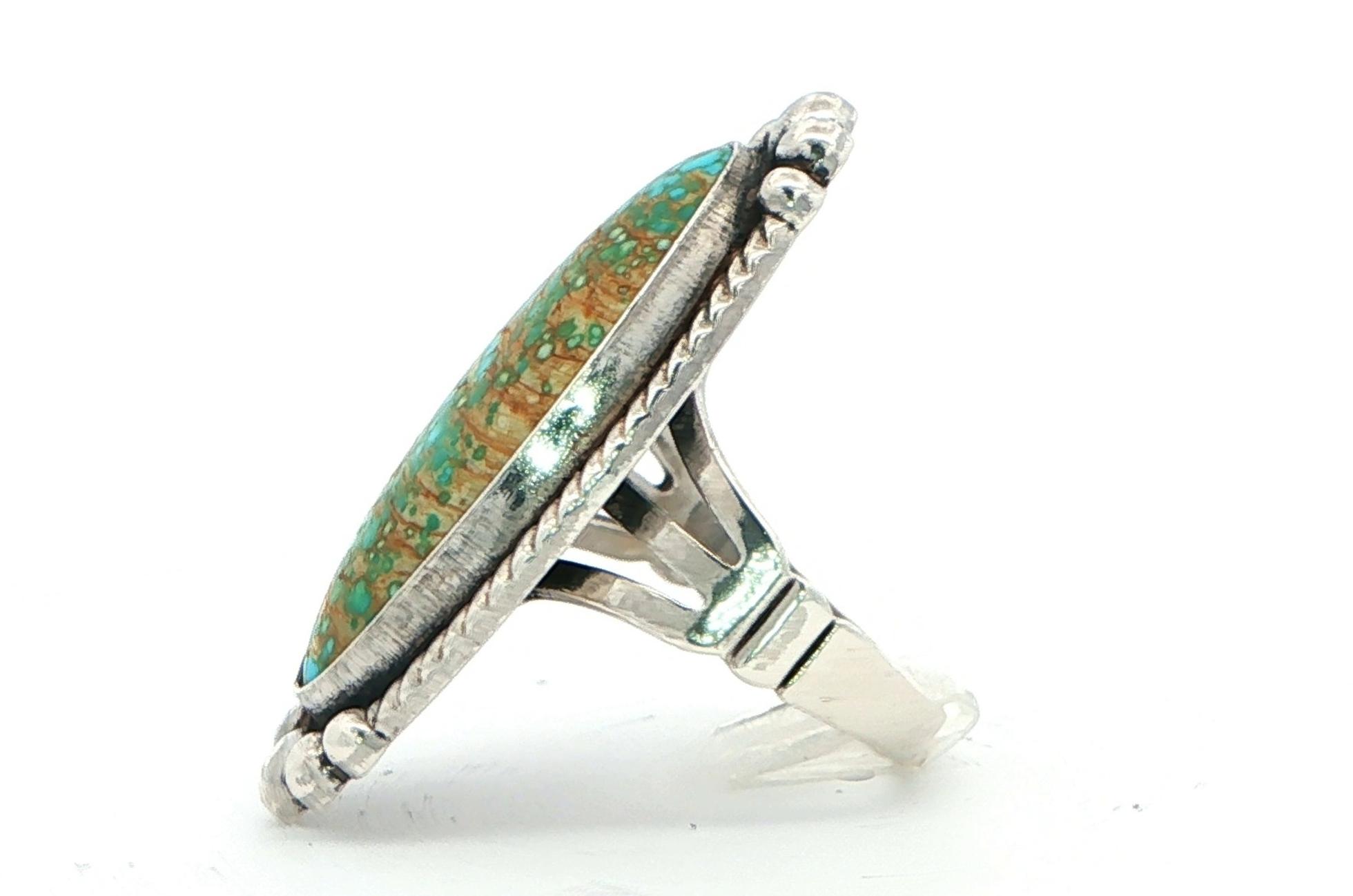 Estate Piece: Oval Cabochon Turquoise Cocktail Ring with Bead and Rope Details in Sterling Silver side