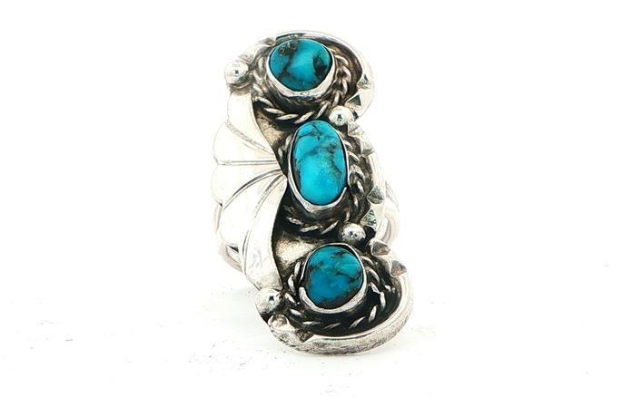 content/products/Estate Piece: Turquoise Trio Ring with Leaf and Bead Details in Sterling Silver