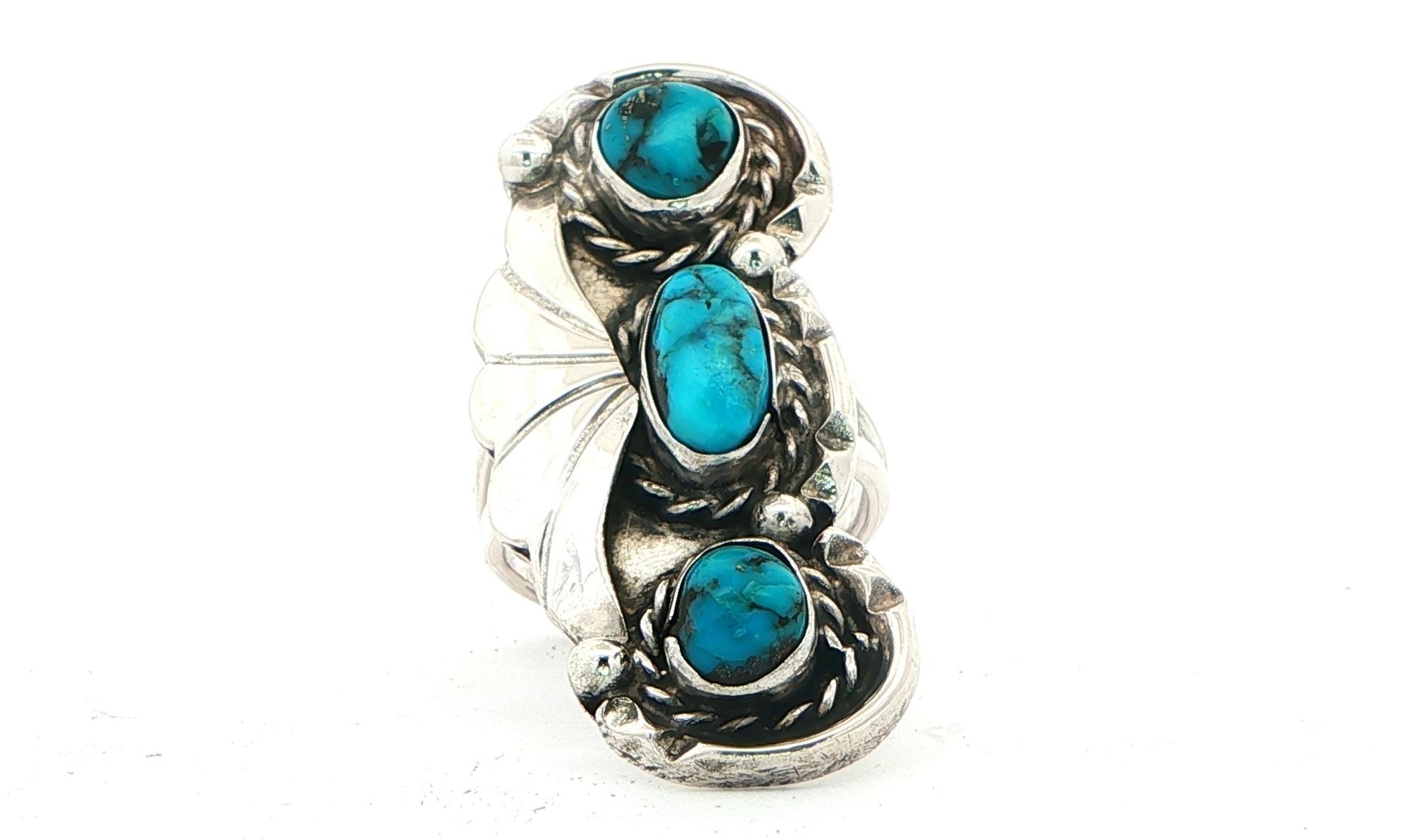 Estate Piece: Turquoise Trio Ring with Leaf and Bead Details in Sterling Silver