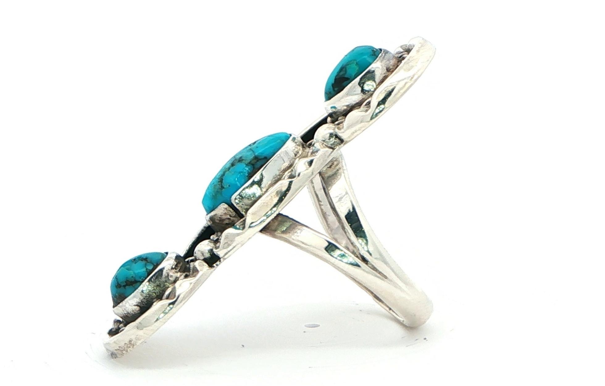 Estate Piece: Turquoise Trio Ring with Leaf and Bead Details in Sterling Silver side