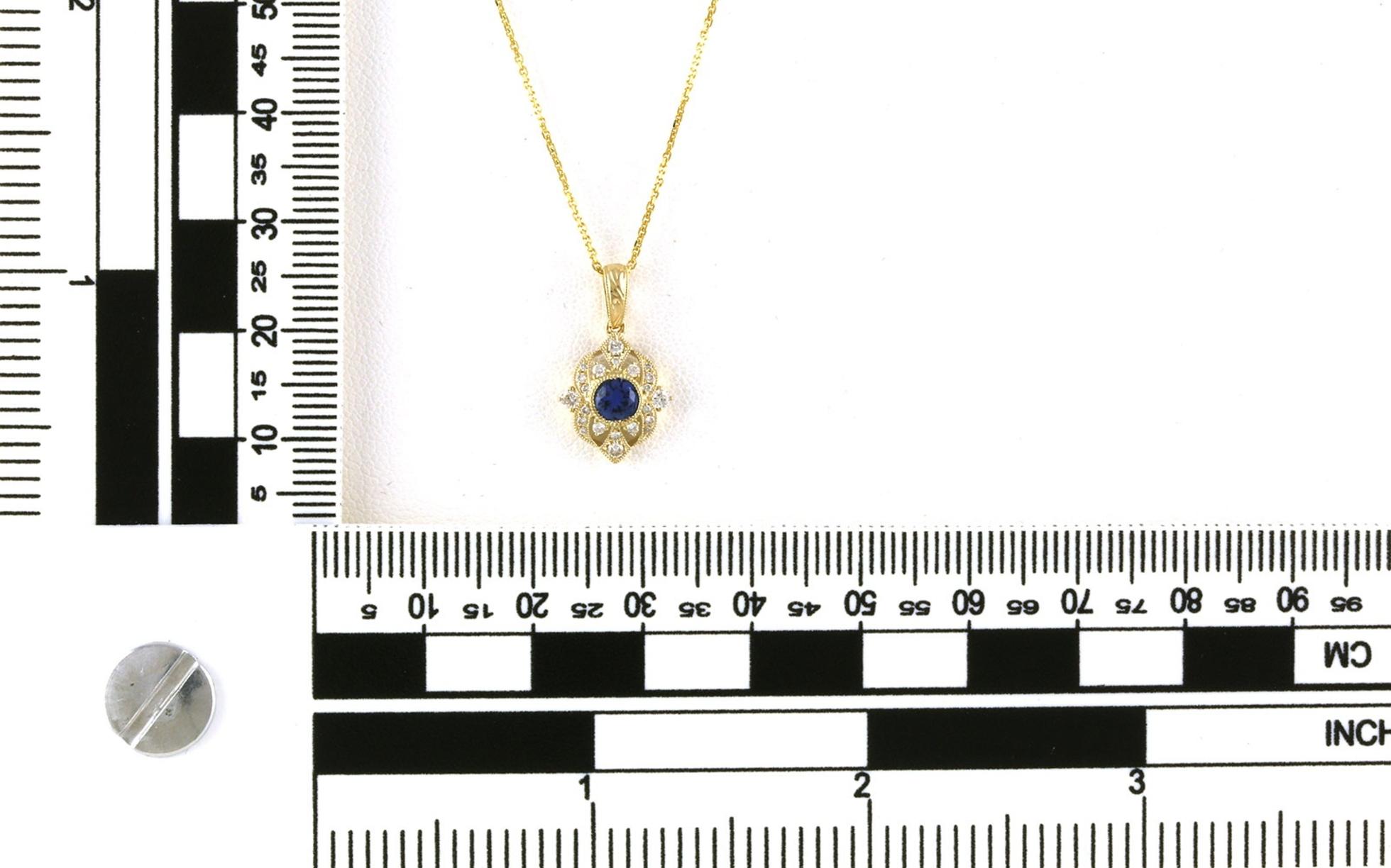 Vintage Style Halo Montana Yogo Sapphire and Diamond Necklace in Yellow Gold (0.47cts TWT) scale